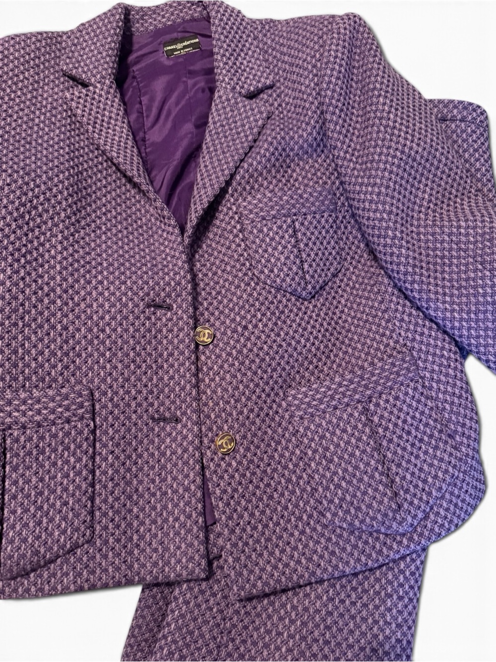 Vintage Chanel Créations Purple Tweed Jacket & Skirt Suit